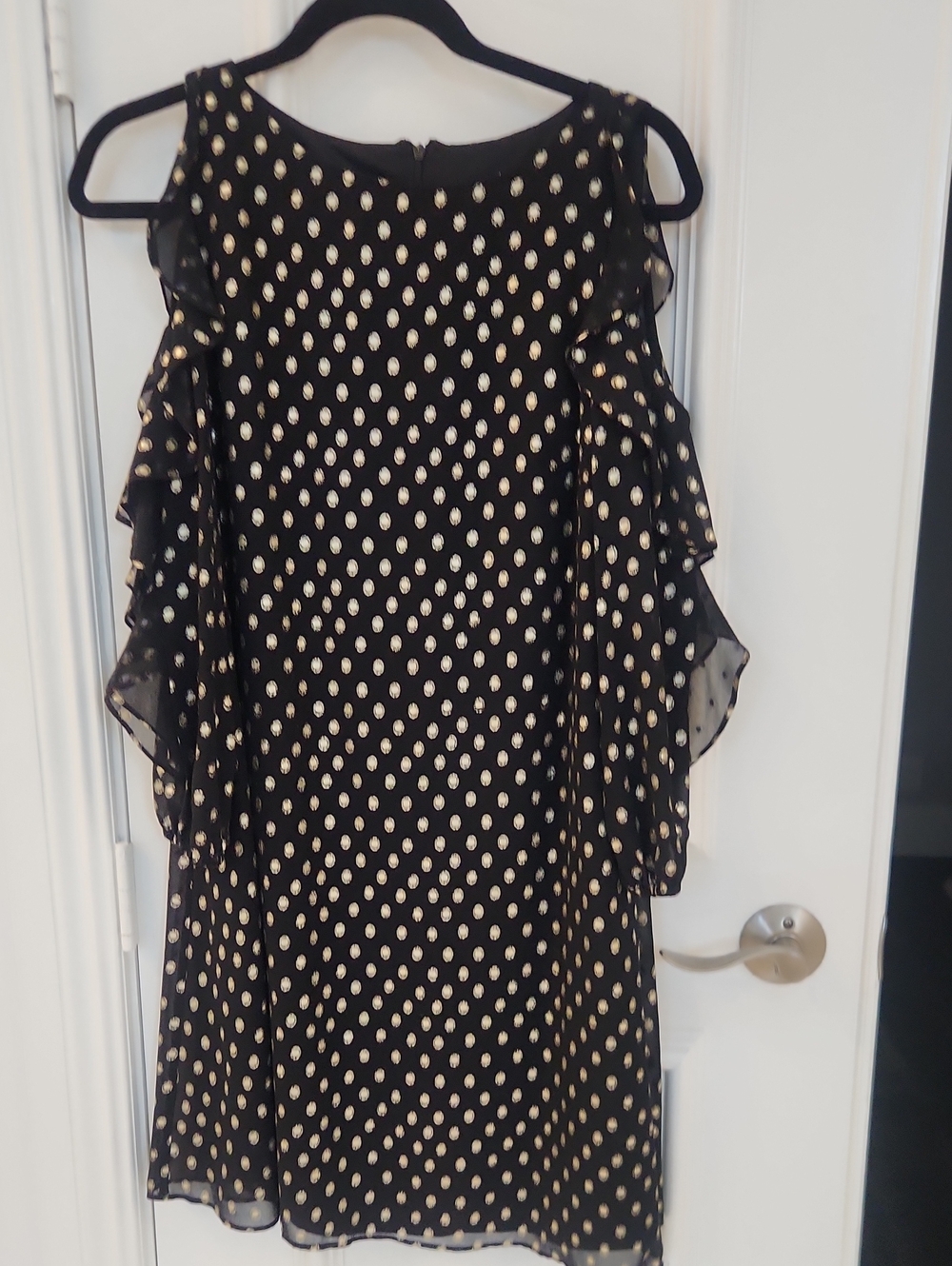 Eliza J Black Dress with Gold Polka Dots and Ruffle Cold-Shoulder